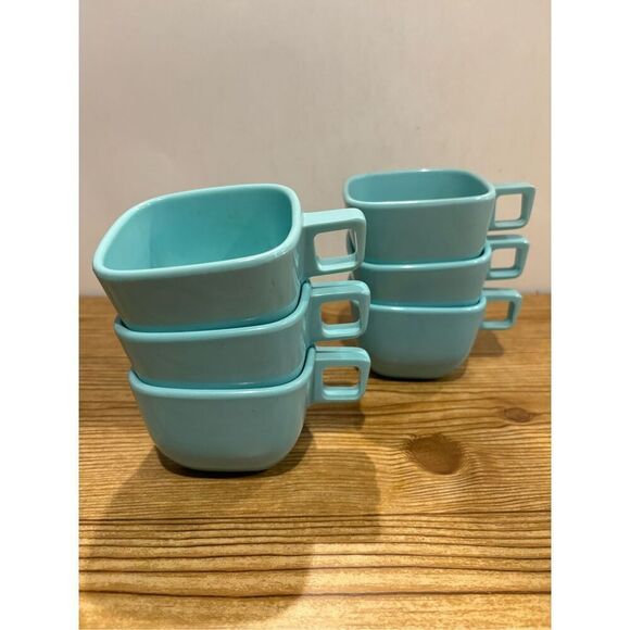 Aqua MCM Melamine Coffee Mugs- BROOKPARK -Set of 6-Mid Century Modern Vintage - Picture 1 of 6